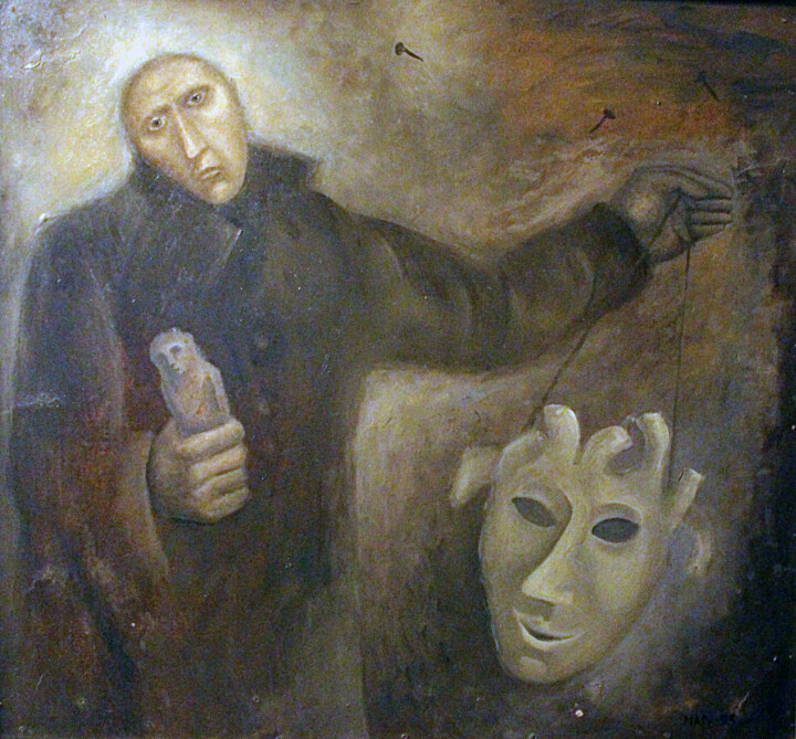 Картина под названием "Бумажная маска" - Марк Макаров, Подлинное произведение искусства, Масло