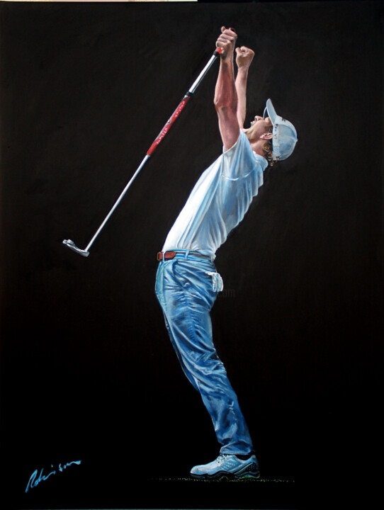 Painting titled "Adam Scott Wins The…" by Mark Robinson, Original Artwork, Acrylic