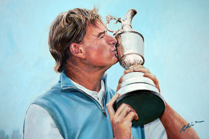 Peinture intitulée "Ernie Els with the…" par Mark Robinson, Œuvre d'art originale, Acrylique Monté sur Panneau de bois