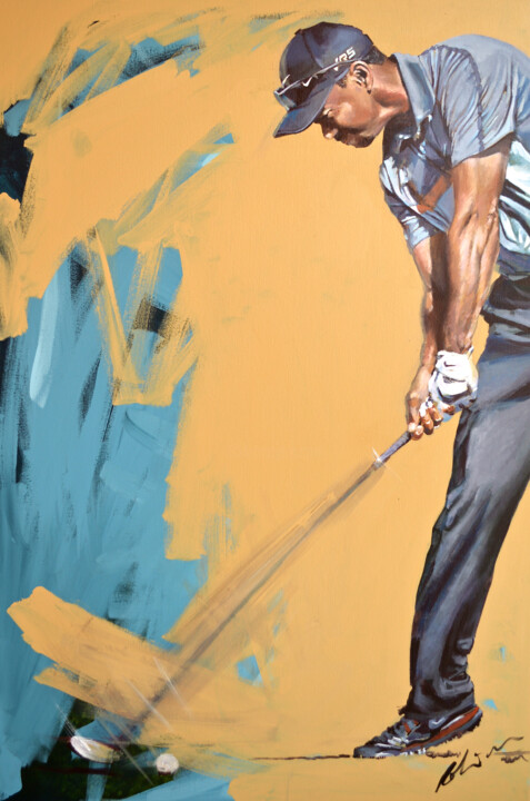 Peinture intitulée "Tiger Woods 2013" par Mark Robinson, Œuvre d'art originale, Acrylique Monté sur Panneau de bois
