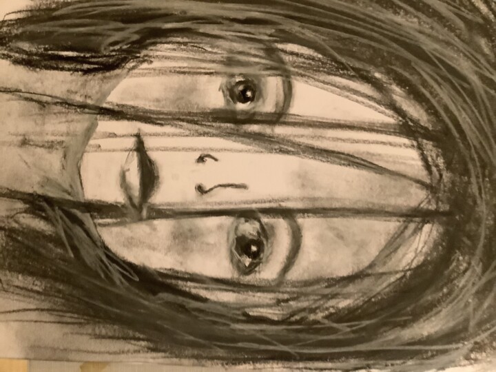 Drawing titled "Crazy-haired girl" by Mark Turner, Original Artwork, Charcoal