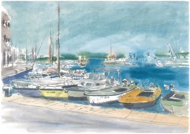 Schilderij getiteld "Piran Harbour" door Marko Jezernik, Origineel Kunstwerk, Olie