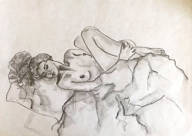 Drawing titled "FEMME AU REPOS" by Marlène Regazzoni (MaOni), Original Artwork, Pencil