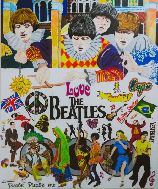 Malerei mit dem Titel "Beatles manipulation" von Leno, Original-Kunstwerk, Acryl Auf Holzplatte montiert