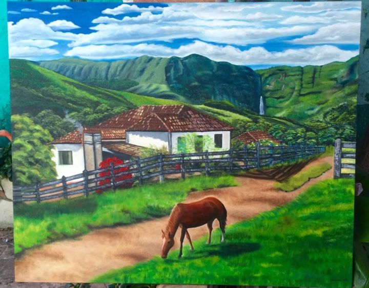 Pintura intitulada "Vida rural" por Marlima Win, Obras de arte originais, Óleo