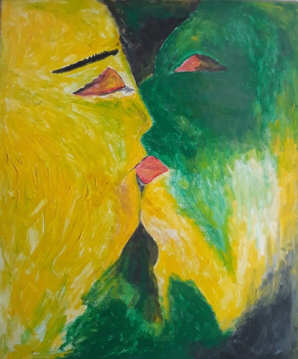 Painting titled "The kiss" by Marly Joseph Jr Desir, Original Artwork, Acrylic Mounted on Wood Panel