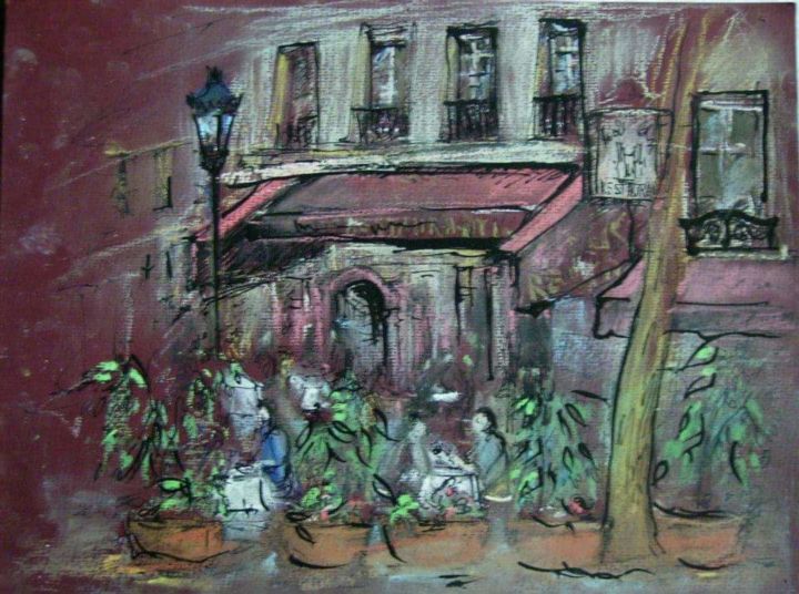 Desenho intitulada "Cafe in Paris." por Maro Sargsyan, Obras de arte originais, Pastel