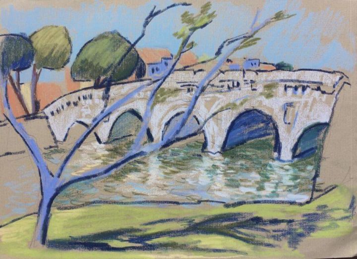 Σχέδιο με τίτλο "Ponte di Tiberio" από Maro Sargsyan, Αυθεντικά έργα τέχνης, Παστέλ Τοποθετήθηκε στο Χαρτόνι