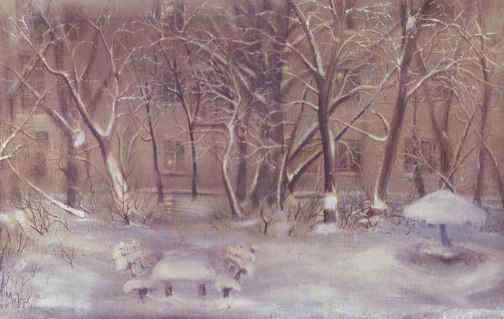 Painting titled "Снежок во дворике" by Sergei Marochkin, Original Artwork, Oil