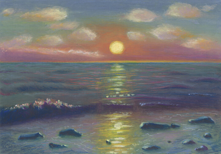 Painting titled "Sea Sunset" by Mariya Smirnova, Original Artwork, Pastel