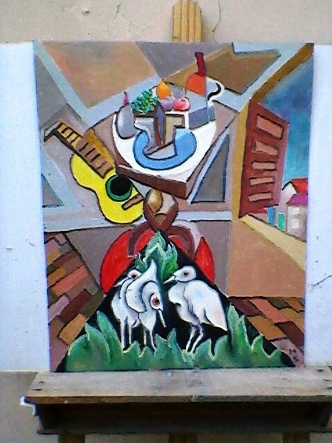 Painting titled "composição com aves" by Marques Da Silva, Original Artwork