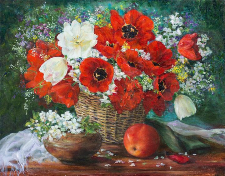 Картина под названием "Натюрморт с тюльпан…" - Marina Senko-Dmitrieva, Подлинное произведение искусства, Масло