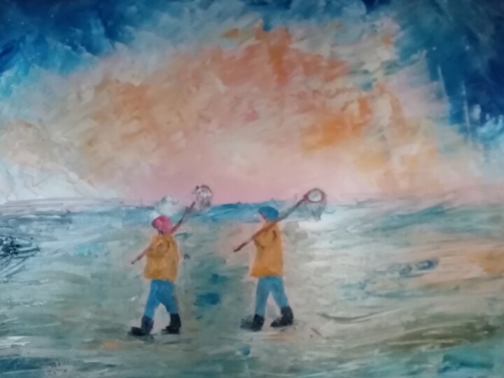 Pintura intitulada "Pèche en marée base" por Patrick Mars, Obras de arte originais, Óleo