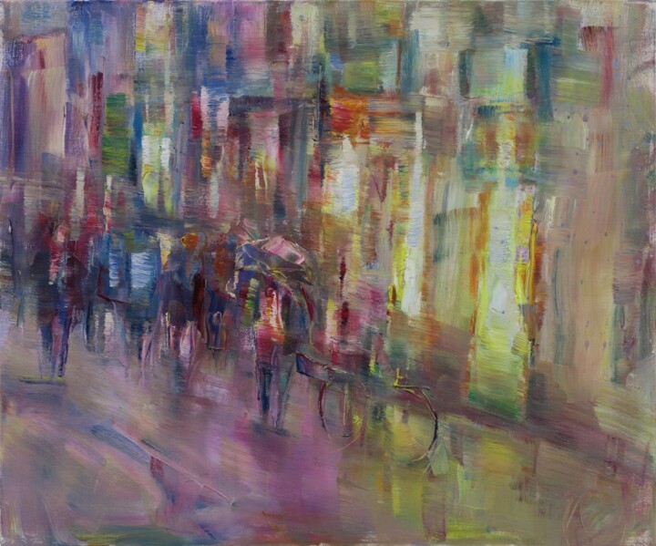 Painting titled "Pluvieux VII" by Marta Lipowska, Original Artwork, Oil Mounted on Wood Stretcher frame
