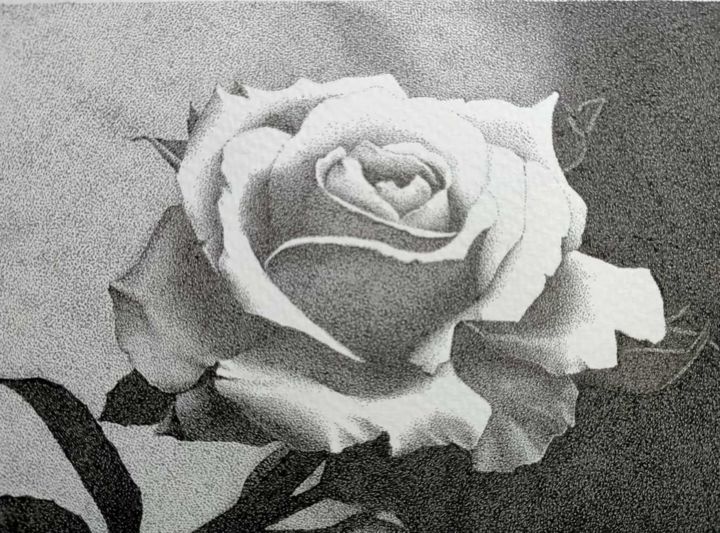 Drawing titled "Rosa fiorita" by Marta Rizzi, Original Artwork, Ink