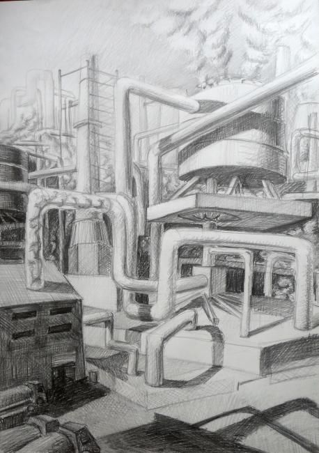 Tekening getiteld "Factory of clouds" door Marta Mazur, Origineel Kunstwerk