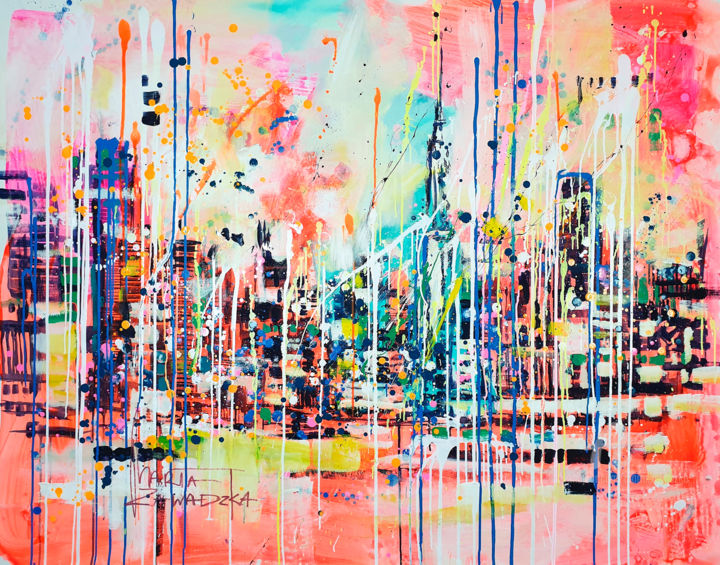 Painting titled "Sunny Manhattan" by Marta Zawadzka, Original Artwork, Acrylic Mounted on Wood Stretcher frame