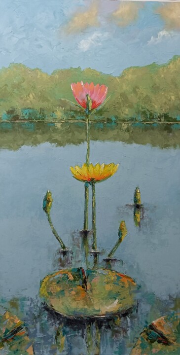 Painting titled "Water lily flowers…" by Marinko Šarić, Original Artwork, Oil