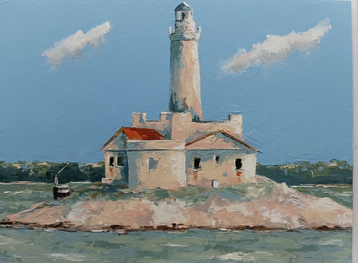 Schilderij getiteld "Porer lighthouse on…" door Marinko Šarić, Origineel Kunstwerk, Olie