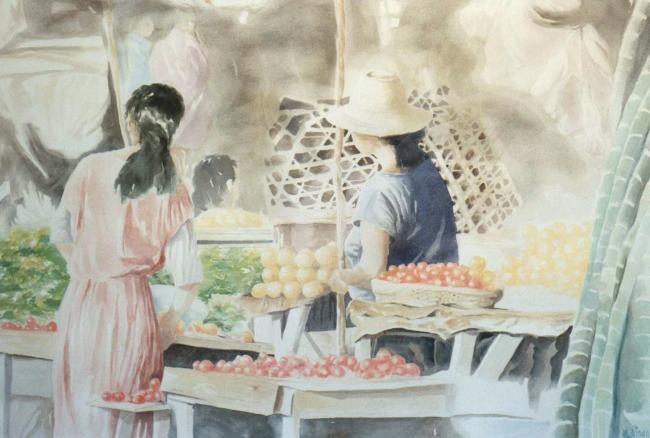 Painting titled "marché de Tuléar" by Martial Bidard, Original Artwork