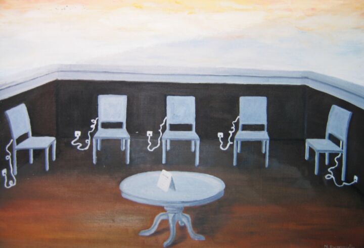 Painting titled "" Barbecue "" by Martial Dumoulin, Original Artwork, Oil Mounted on Wood Stretcher frame