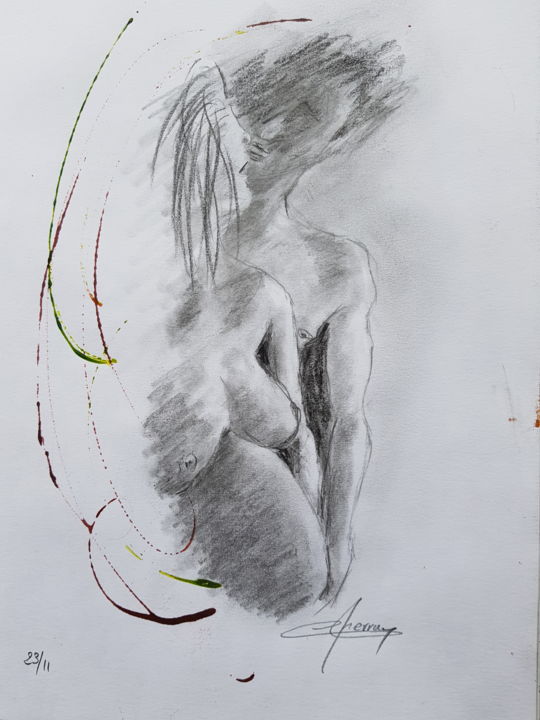 Dessin intitulée "En attendant l' heu…" par Martial Perrucon, Œuvre d'art originale, Crayon