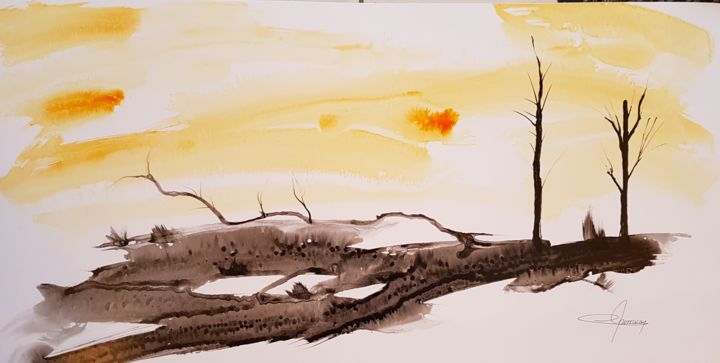 Drawing titled "lever de soleil sur…" by Martial Perrucon, Original Artwork, Ink