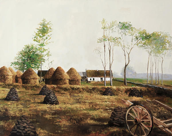 Картина под названием "Haystacks and Turf…" - Martin Driscoll, Подлинное произведение искусства, Масло
