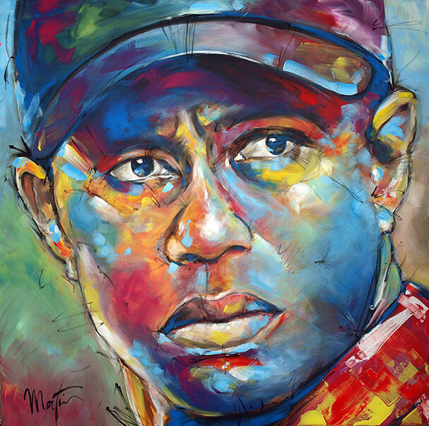 Painting titled "Tiger Woods" by Martin-Freville, Original Artwork, Acrylic Mounted on Wood Stretcher frame