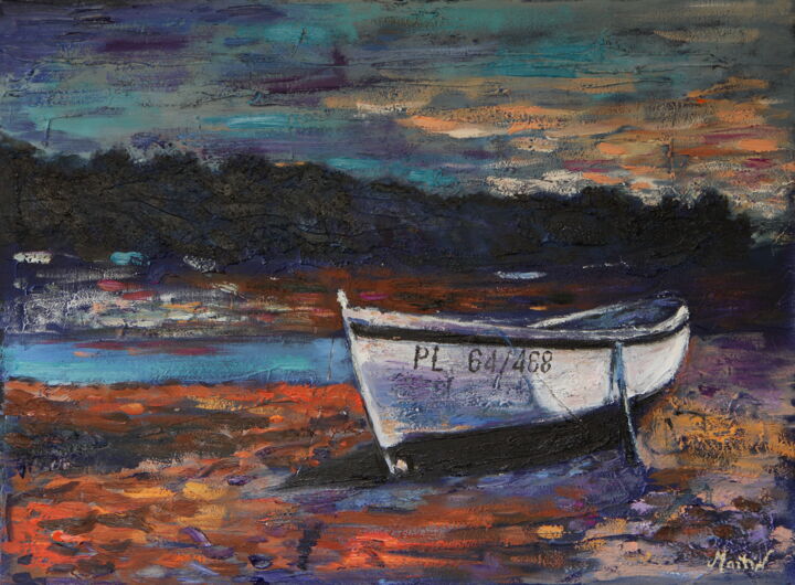 Painting titled "Barque de l'Ile Ren…" by Nicolas Martin, Original Artwork, Oil