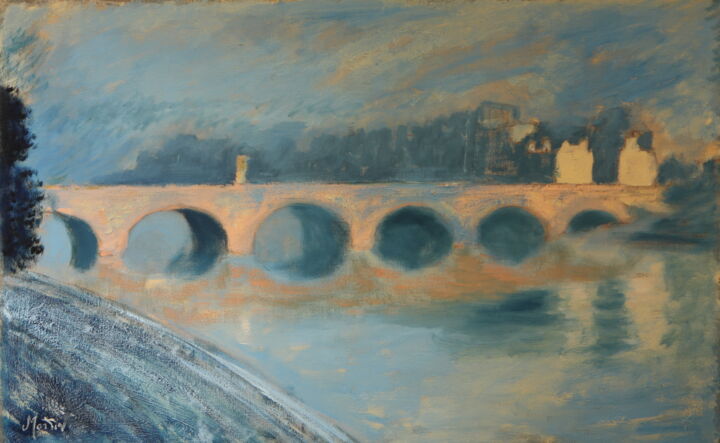 Painting titled "Le Pont Neuf, Soirée" by Nicolas Martin, Original Artwork, Oil