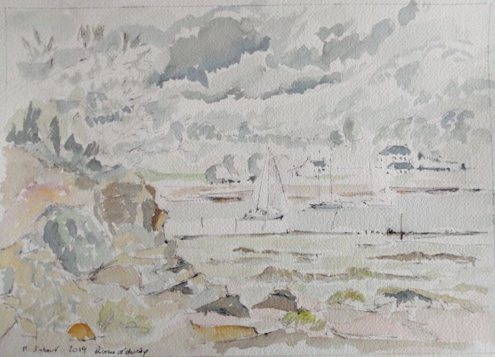 Peinture intitulée "Rivière d'Auray" par Martin Jobert, Œuvre d'art originale, Aquarelle