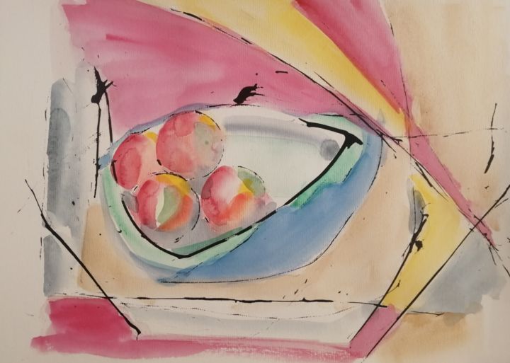Painting titled "Compotier 4 fruits" by Martin Jobert, Original Artwork, Watercolor