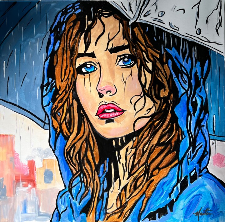 Painting titled "Blue & Rainy" by Martin Moore, Original Artwork, Acrylic Mounted on Wood Stretcher frame