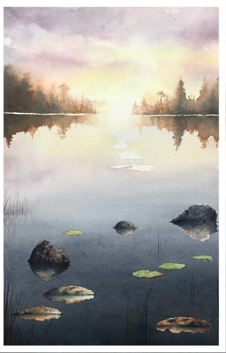 Schilderij getiteld "The Lake Hörnen" door Martin S, Origineel Kunstwerk, Aquarel