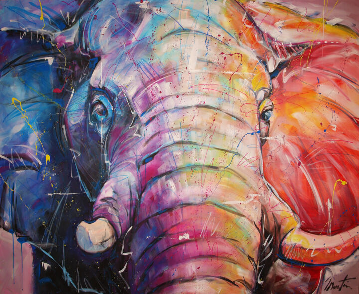 Painting titled "Elephant" by Martin Street-Art, Original Artwork, Acrylic Mounted on Wood Stretcher frame