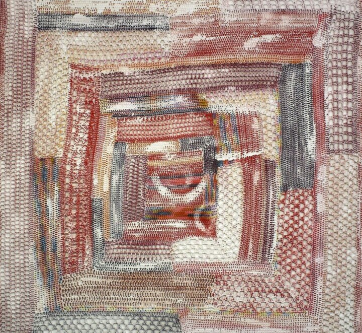 Textile Art titled "la sonrisa de TUI" by Martina Baus, Original Artwork, Textile fiber Mounted on Wood Stretcher frame