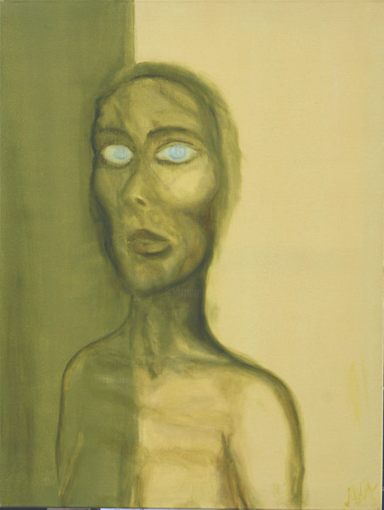 Painting titled "Portrait green on y…" by Marina Bat-Hayam, Original Artwork, Oil