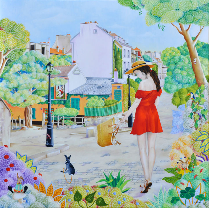 Painting titled "La farce du lapin a…" by Martine Alison, Original Artwork, Oil Mounted on Wood Stretcher frame