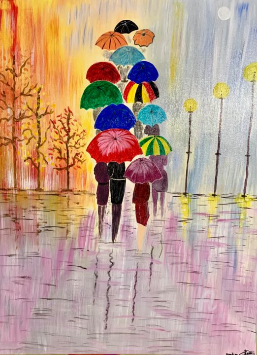 Painting titled "Les parapluies" by Martine Chalet-Aspert, Original Artwork, Acrylic