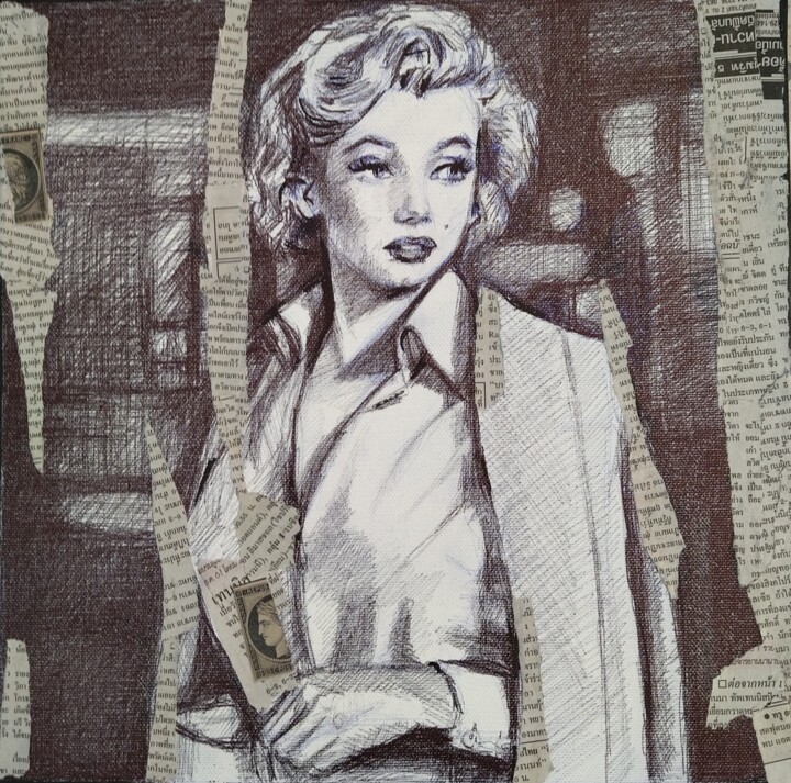 Desenho intitulada "Marylin 2" por Martine Banacer, Obras de arte originais, Canetac de aerossol Montado em Armação em madei…