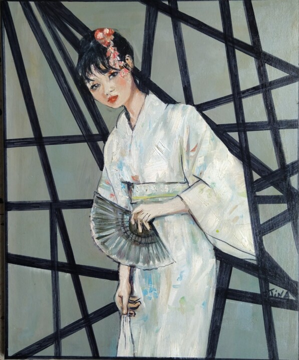 Peinture intitulée "Japonaise à l'évent…" par Martine Banacer, Œuvre d'art originale, Huile Monté sur Châssis en bois
