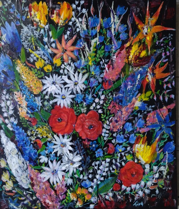 Pintura titulada "Fleurs" por Martine Banacer, Obra de arte original, Acrílico Montado en Bastidor de camilla de madera