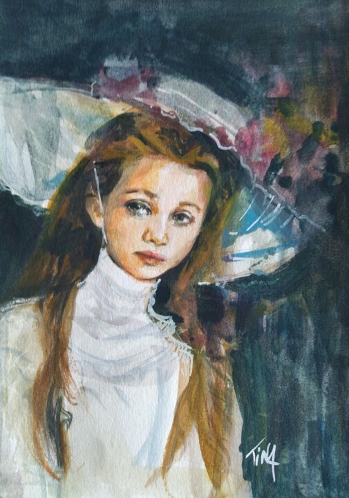 Painting titled "Petite fille d'antan" by Martine Banacer, Original Artwork, Watercolor