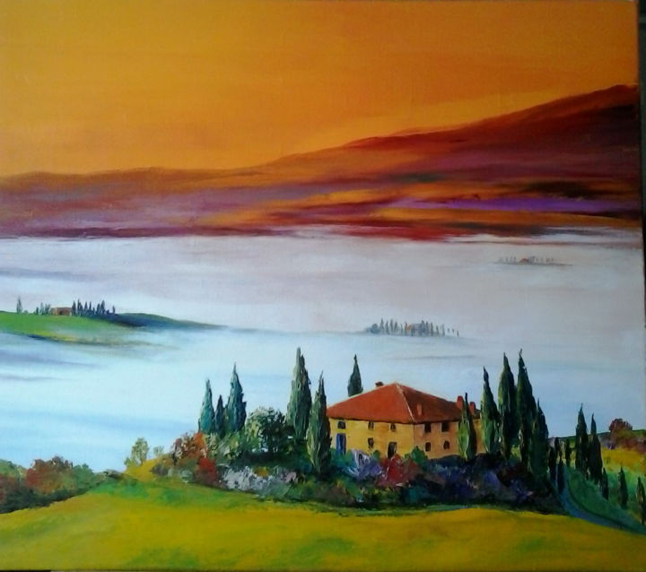 Painting titled "toscane dans la bru…" by Martine Biehler, Original Artwork, Oil