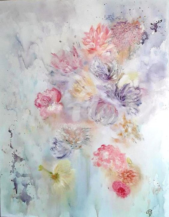 Painting titled "Inspiration Florale" by Martine Bonnerave, Original Artwork, Oil