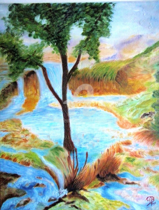 Painting titled "La Cascade" by Martine Bonnerave, Original Artwork, Oil