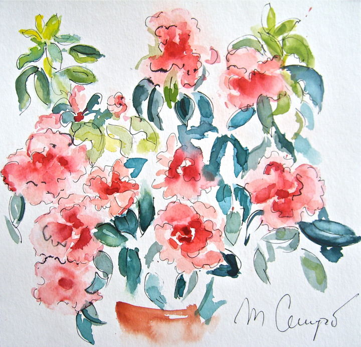 Painting titled "l'Azalé" by Martine Campos, Original Artwork, Watercolor