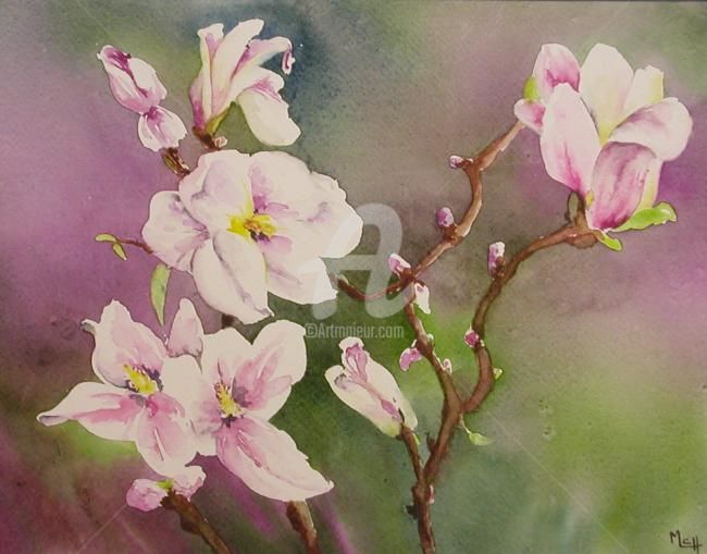 Painting titled "branche de magnolia" by Martine Chavent, Original Artwork