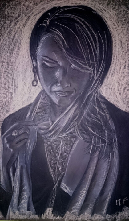 Drawing titled "Indienne" by Martine Fleury, Original Artwork, Chalk